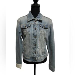 90s Vintage Denim Jacket l Vanity Jeans l L l Florals in cuff and collar